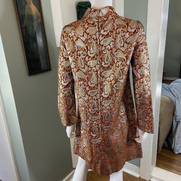 Vintage 60s Romantica Victor Costa Metallic Brocade Paisley Mini Shift Dress - Picture 2 of 11